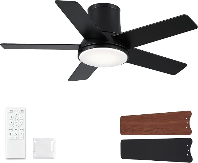 42 Inch Pro Balck Flush Mount Ceiling Fans with Lights and Remote | 3CCT Dimmable LED, 6 Speed, Quiet DC Motor, 3-Level Timer Function, Forward/Reserve For all Seasons, Indoor/Covered Outdoor