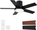 42 Inch Pro Balck Flush Mount Ceiling Fans with Lights and Remote | 3CCT Dimmable LED, 6 Speed, Quiet DC Motor, 3-Level Timer Function, Forward/Reserve For all Seasons, Indoor/Covered Outdoor