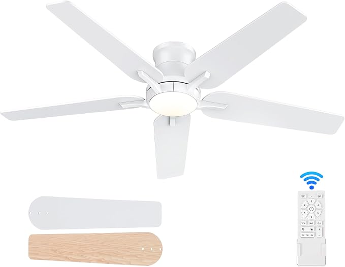 POCHFAN 52 Inch White Ceiling Fans with Lights and Remote, Flush Mount Low Profile Ceiling Fan for Bedroom, Living Room, Patio, Dimmable 6 Speeds Noiseless Reversible, ETL Listed