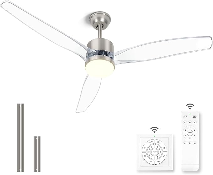 OKELI Clear Ceiling Fan with Light, 52 Inch Brushed Nickel Transparent Ceiling Fans with Light and Remote 3 Reversible Blade LED Ceiling Fan and Light Combo for Living Room, Bedroom, Patio