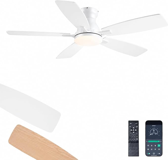 JSAITEE 46 Inch Low Profile Flush Mount Ceiling Fan with Lights, Black | Flush Mount Low Profile Ceiling Fan with DC Motor, 6 Speeds 3CCT Dimmable, Modern Indoor Fan Light Fixtures