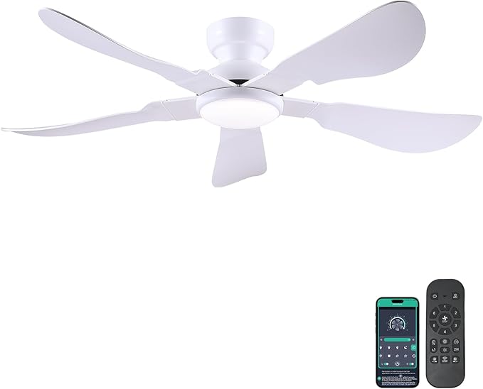 Kviflon 52 Inch Modern Ceiling Fans with Lights, Flush Mount Ceiling Fan with Light and Remote/APP Control, 5 Reversible 6 Speeds Curved Blades, 3 CCT Dimmable Lights for Bedroom, White