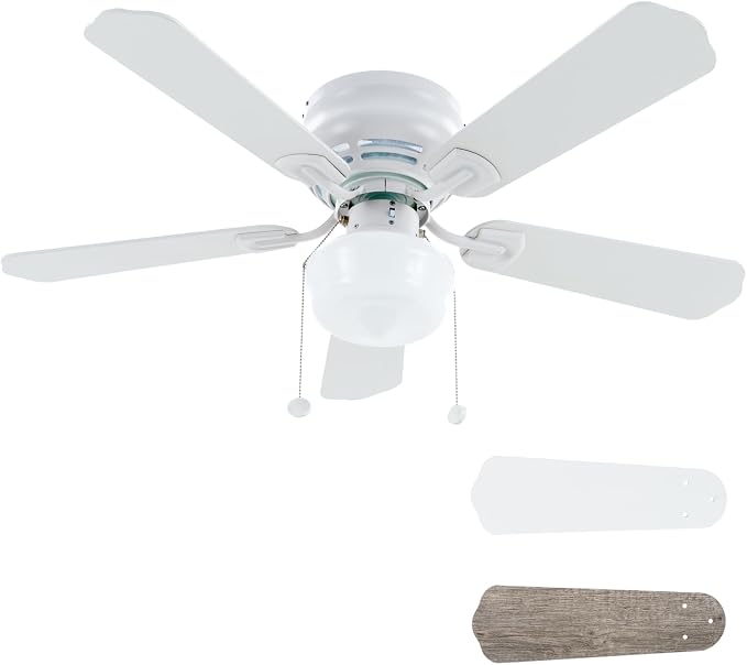 42" Flush Mount Ceiling Fan Matte White Traditional Ceiling Fan with Light & Pull Chain - Low Profile Design - Indoor Use