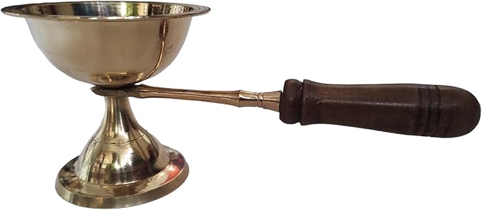 BHAVICREATION Brass Camphor Dhoop Arti Wooden Handle Incense Burner Puja Arti 112 Gram
