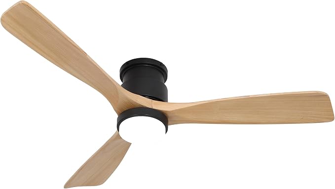 52inch Natural Wood Flush Mount Ceiling Fan with Light and Remote Control