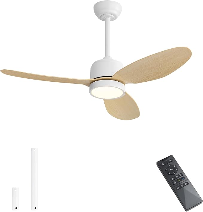 WINGBO 42" Outdoor Ceiling Fans with Lights, Wet Rated Waterproof Indoor Ceiling Fan with Remote, 3 ABS Blades Modern Ceiling Fan,Quiet 6-Speed DC Motor, for Porch Patios Bathroom, White+Light Wood