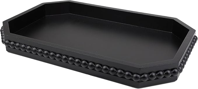 Hrastany Wood Rustic Serving Tray with Beads, Farmhouse Black Decorative Tray for Table Centerpiece, Christmas Wedding Halloween Home Decor