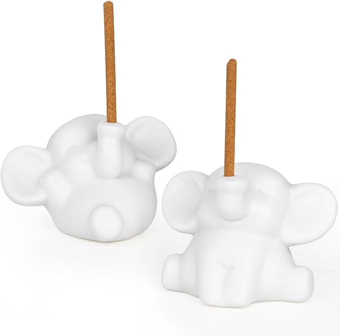 2 PCS Elephant Incense Burner, Handmade Ceramic Incense Holder, Animal Theme Incense Tray, Adorable Home Decoration Accessories (White)