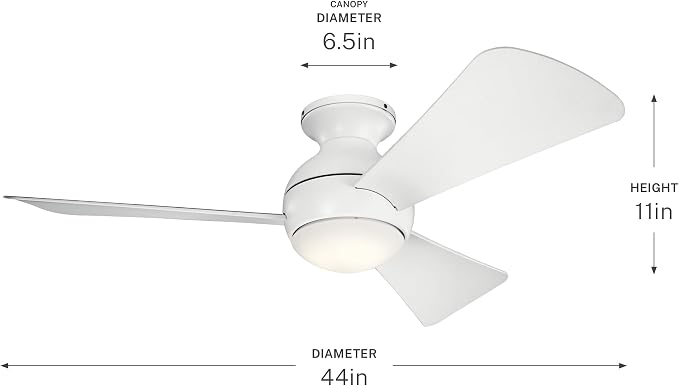 Kichler 330151MWH 44 Inch Sola Ceiling Fan LED, 3 Speed Wall Control Full Function, Matte White Finish with Matte White Blades