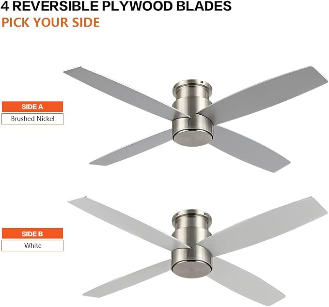 WINGBO 44" Flush Mount DC Ceiling Fan without Lights, 4 Reversible Plywood Blades, Quiet 6-Speed DC Motor, Hugger Low Profile Ceiling Fan No Lights for Bedroom, Brushed Nickel Finish