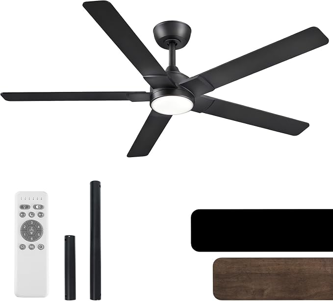 OPONL Ceiling Fan with Light, Ceiling fan with Light and Remote Control, Reversible, 6CCT, Dimmable, Noiseless, Ceiling Fan for Bedroom, Indoor/Outdoor Use, Black, 52 inch, Modern