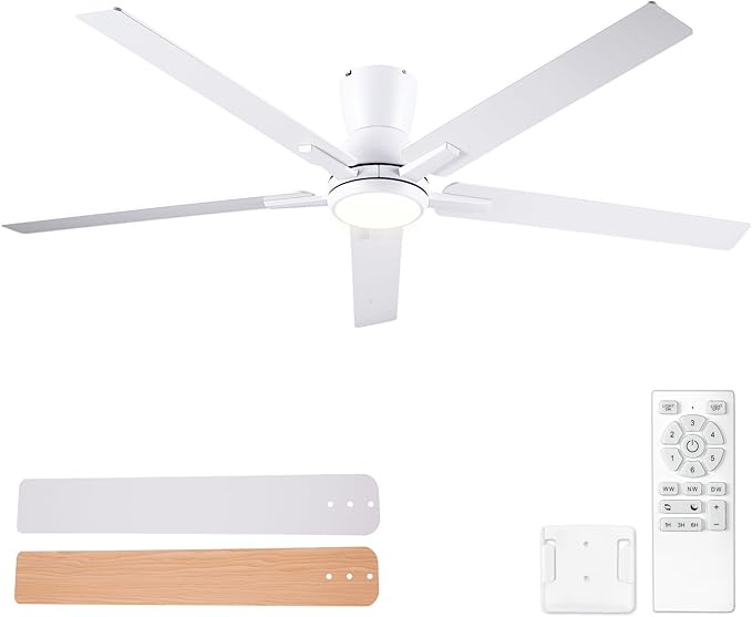 Sevenine 60'' White Flush Mount Ceiling Fan with Light & Remote, ETL Listed | 6 Speed, Quiet DC Motor, 3-Level Timer Function, 3 Color Temperature, Forward/Reserve For all Seasons, Indoor/Covered Outdoor