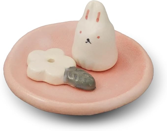 Charming Animal Series Ceramic Incense Holder, Japanese Pottery, Perfect for Relaxation and Concentration, Made in Japan (Florets and Rabbit)