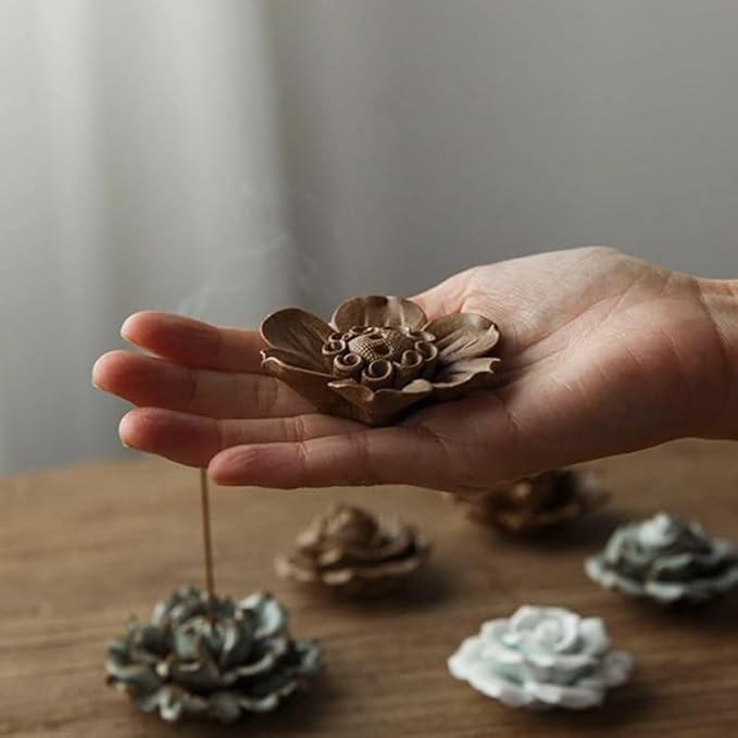 Collectible Handmade Chinese Ceramics, Mini Rose Ceramic Incense Stick Holder, Handicraft Flower Lotus Incense Burner Bowl Ash Catcher Inscent Tray for Home Decor and Gift, 2.55 Inch, Gray