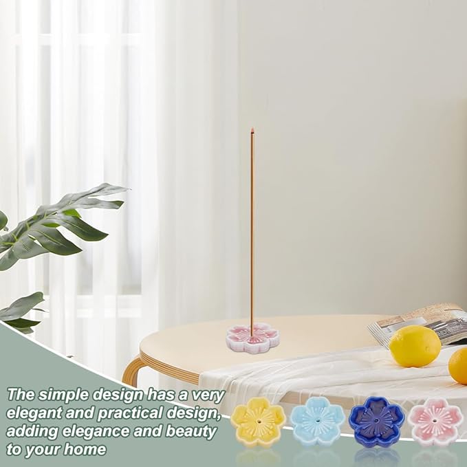 OLYCRAFT 4pcs Cherry Blossom Ceramic Incense Stick Holder 1.8x1.9 Inch Porcelain Sakura Incense Holder 8mm Thick Japanese Flower Incense Stick Tray Incense Burner Holder for Home Desktop Decor-4 Color