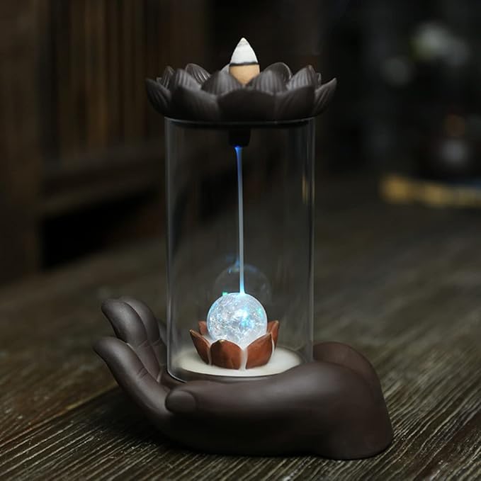 Purple Sand Smoke Waterfall Backflow Incense Burner Creative Windshield Buddha Hand Lotus LED Lamp Aroma Censer Holder for Home Yoga Room Decoration (LED)
