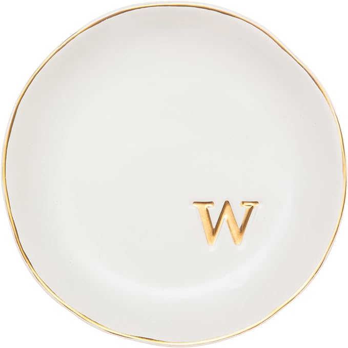 COLLECTIVE HOME Ceramic Jewelry Tray, Trinket Dish, Gifts for Women (W) | Mother's Day, Birthday, Christmas, Engagement Gifts, Vanity, Nightstand Decor, Embossed Gold Monogram Ring Dish with Gift Box