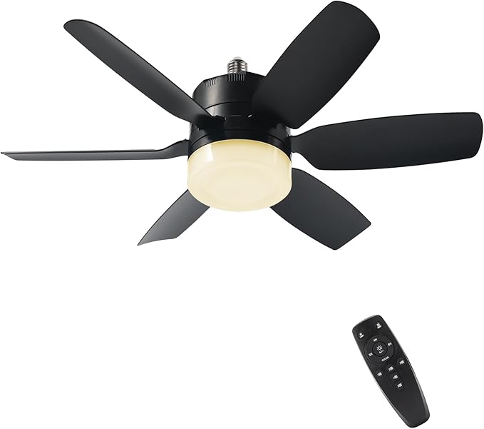 Fanspex 20.5'' Socket Ceiling Fan Light for Home Living Room Bedroom Garage | 5 Fan Speeds with 3 Colors Adjustable Light, 8 Hours Timer, Black