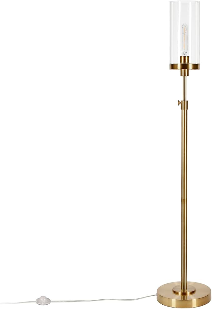 Henn&Hart 66" Industrial 1-Light Floor Lamp with Clear Glass Cylinder Shade for Living Room, Bedroom, or Office, Gold