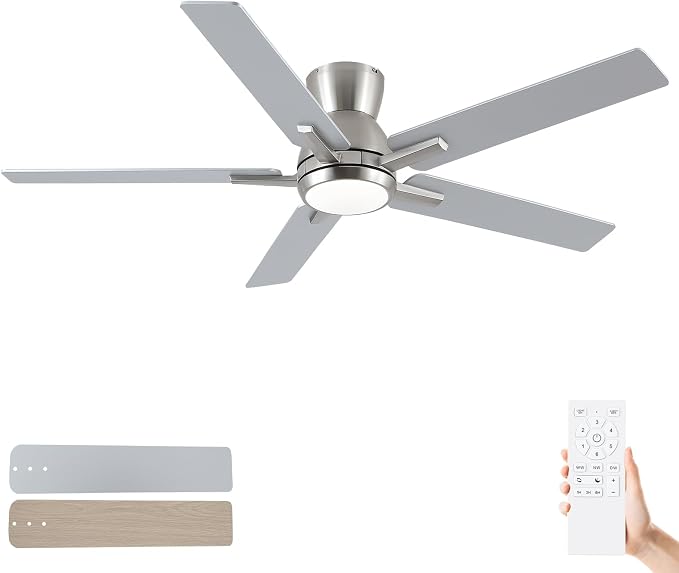 52'' Brushed Nickel Flush Mount Ceiling Fan with Light & Remote, ETL Listed | 6 Speed, Quiet DC Motor, 3-Level Timer Function, 3 Color Temperature, Forward/Reserve For all Seasons, Indoor/Covered Outdoor
