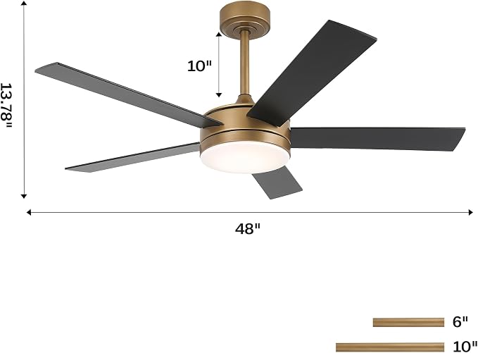 48 Inch Gold Ceiling fans with Lights and Remote/APP, Modern Black and Gold Ceiling Fan for Indoor Bedroom Living Room with 3CCT, Reversible DC Motor, 6 Speeds, Timer, 5 Wood Grain Blades