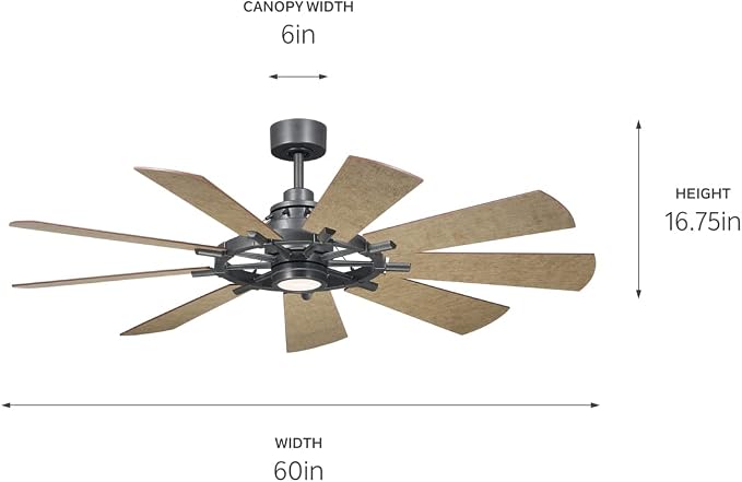 Kichler Gentry 60 in Ceiling Fan with Integrated LED Light, 5 Blade Indoor Modern Farmhouse Fan in Anvil Iron for Living Room, Dining Room, Kitchen, 300260AVI