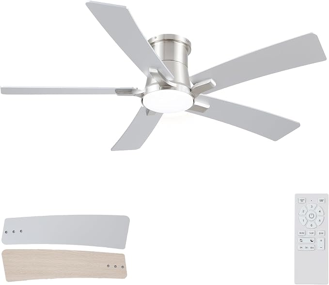 52 Inch Black Flush Mount Ceiling Fans with Lights and Remote | 3CCT Dimmable LED, 6 Speed, Quiet DC Motor, 3-Level Timer Function, Forward/Reserve For all Seasons, Indoor/Covered Outdoor