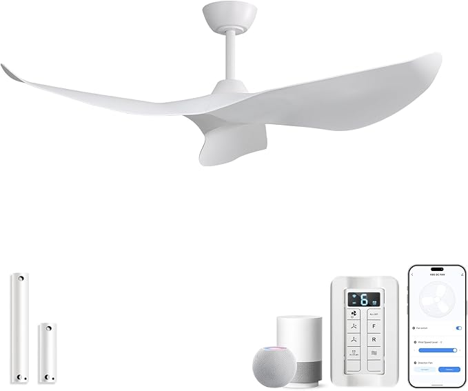 Sofucor 38 Inch Smart Ceiling Fan No Light, Modern White Ceiling Fan with Remote Control, Quiet Reversible DC Motor, 6-Speed Noiseless Indoor Ceiling Fan for Bedroom Living Room Covered Patio Porch