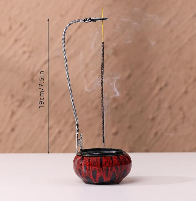 Incense Burner with Calabash Incense Stick Holder - Porcelain Charcoal Censer for Use with Resin Granular Powder Cone or Coil Incense (Kiln-Colored Red)