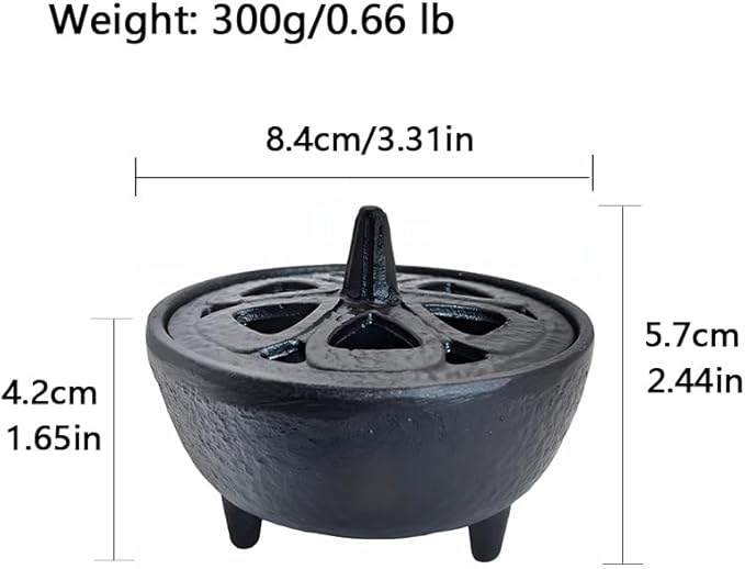 Small Cast Iron Incense Burner Holder, Home Decor, Bowl Design with Decorative Lid, Black Incense for Sticks, Resin, Cone Incense or Wax Melts