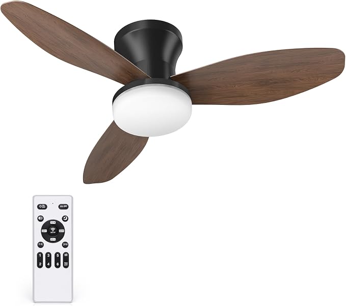 35 In Small Low Profile Ceiling Fan Light Remote Walnut Indoor | Quiet 6-Speed Airflow,3CCT Dimmable Lights,Memory for Light,2/4H Timer,Reversible DC Motor,Bedroom Living Indoor Outdoor Use