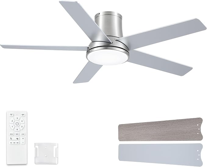 52 Inch Pro Brushed Nickel Flush Mount Ceiling Fans with Lights and Remote | 3CCT Dimmable LED, 6 Speed, Quiet DC Motor, 3-Level Timer Function, Forward/Reserve For all Seasons, Indoor/Covered Outdoor