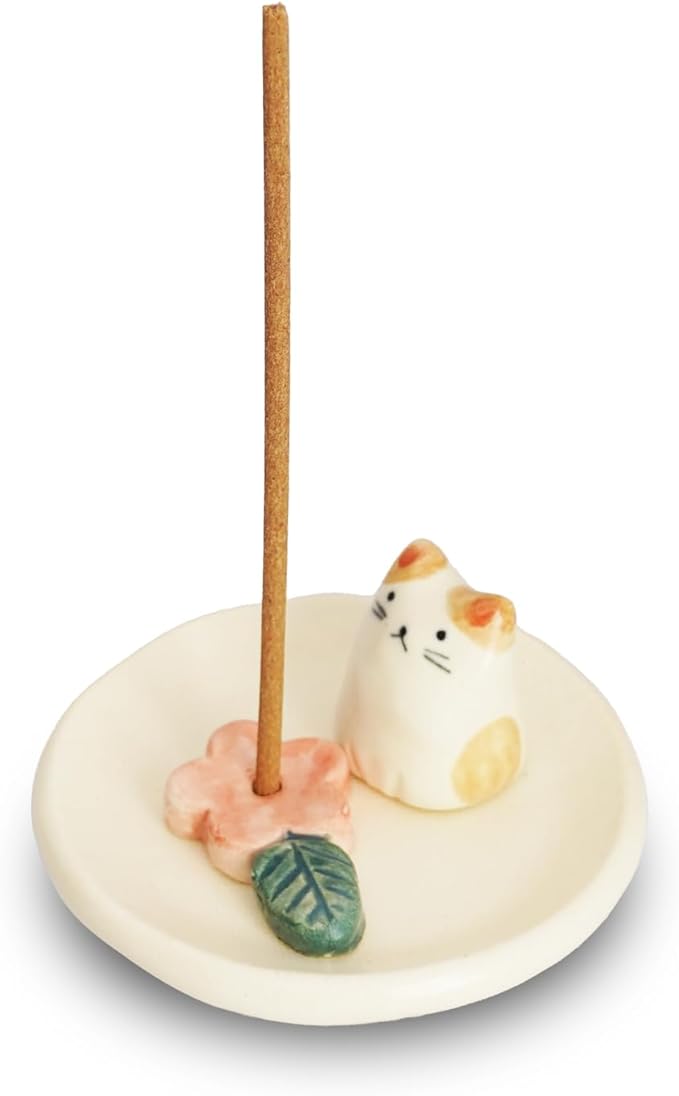 Charming Animal Series Ceramic Incense Holder, Japanese Pottery, Perfect for Relaxation and Concentration, Made in Japan (Small Flower Cat)