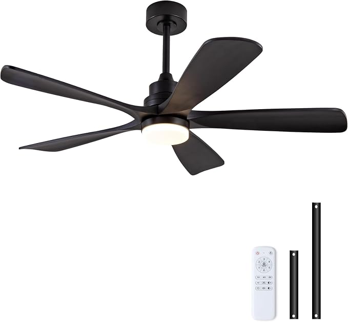 52 Inch Solid Wood Ceiling Fans with Lights, Black Ceiling Fan with Light, Modern Indoor Outdoor Ceiling Fan with Remote for Patio Living Room Bedroom