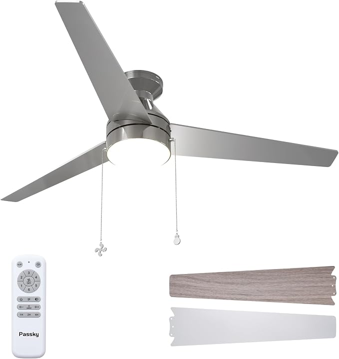 Passky Ceiling Fans with Lights, 52 inch Low Profile Ceiling Fan with Pull Chain and Remote Control, Flush Mount, Reversible, 5CCT, Dimmable, Noiseless, Nickel Pull Cord Ceiling Fan for Bedroom