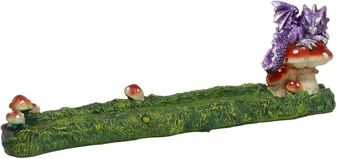 Ebros Gift Purple Baby Hatchling Dragon Perching On Toadstool Mushroom Pasture Greens Incense Burner Holder Figurine 10.25" Long Fantasy Mythical Dungeons and Dragons Home Decorative Accent