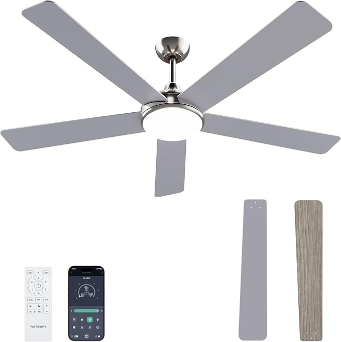 60 Inch Ceiling Fans with Lights and Remote/App Control: Brushed Nicel Ceiling Fan with Light, Quiet DC Motor, Dimmable Tri-Color LED, Modern Ceiling Fan for Bedroom/Patio, Indoor/Outdoor