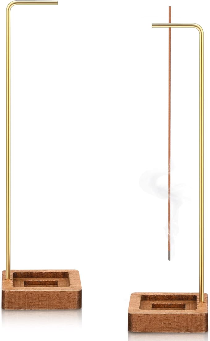 Treela 2 Sets Incense Holder for Sticks, Wooden Modern Upside Down Insence Stick Holder Burner Ash Catcher Handmade Round Tray Stand with Mat for Home Office Table Decor Yoga Spa Mediation Zen