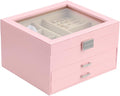 BOOVO Clear Lid Jewelry Box,3 Layers Jewelry Organizer Large Jewelry Storage Box with 2 Drawers,Jewelry Holder Organzier of Rings Earrings Necklace Bracelets for Women (Pink, 3 Layer)