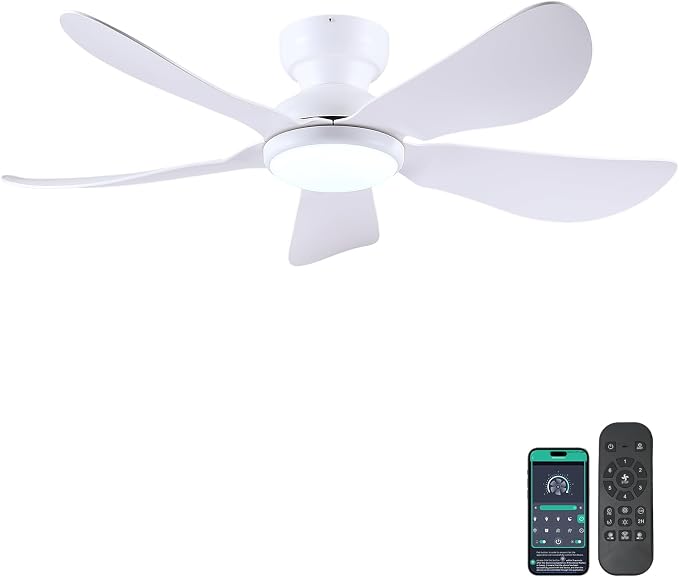 Kviflon 46 Inch Modern Ceiling Fans with Lights, Flush Mount Ceiling Fan with Light and Remote/APP Control, 5 Reversible 6 Speeds Curved Blades, 3 CCT Dimmable Lights for Bedroom, White