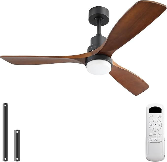 Sofucor 52 Inch Ceiling Fan with Light and Remote - 3 Solid Walnut Wood Blades, Quiet DC Motor, 6 Speeds 5000CFM, Dimmable 3-Color LED with Memory, Timer & Reversible for Indoor Outdoor, ETL