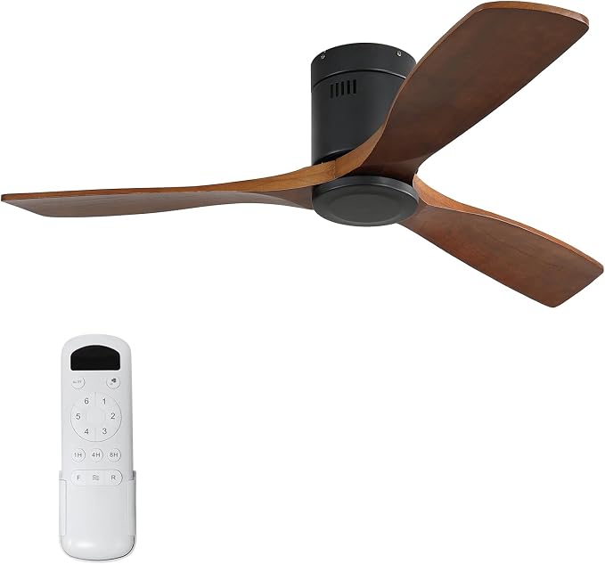 Sofucor 52 Inch Low Profile Ceiling Fans No Light, Modern Flush Mount Solid Wood Ceiling Fan with Airflow 5000CFM, Quiet DC Motor, 6 Speeds, Timer & Reversible for Bedroom Living Room, ETL, Walnut