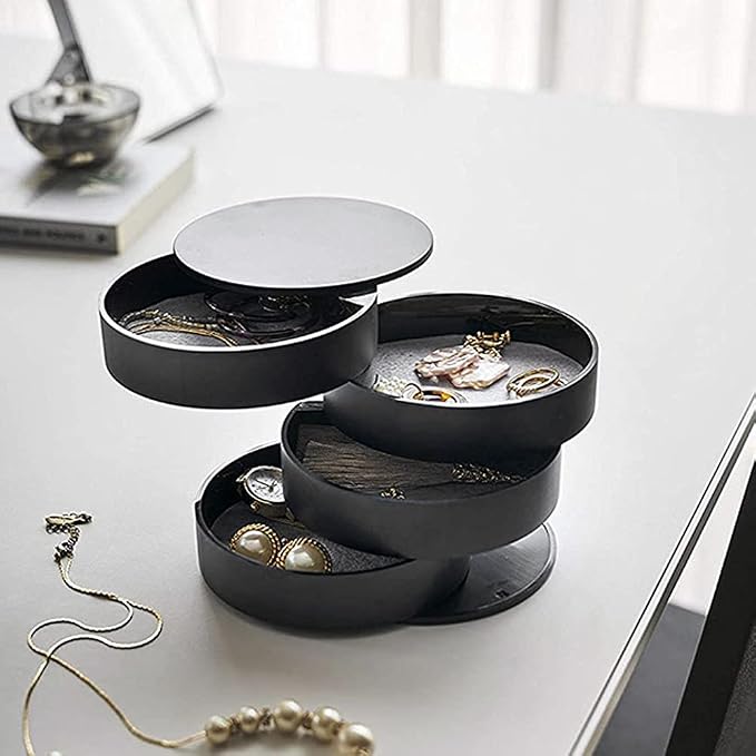 Jewelry Organizer Small Jewelry Storage Box 4-Layer Rotating Travel Jewelry Tray Holder for Women Bracelets Rings Bracelets Earrings (Black)