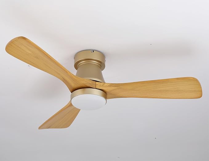 42 Inch Gold Ceiling Fan with Lights, Remote Control, Flush Mount, Dimmable, Reversible, Wood Blades, Power-Off Memory, Quiet DC Motor, Modern Hugger Ceiling Fan for Indoor Outdoor Gold