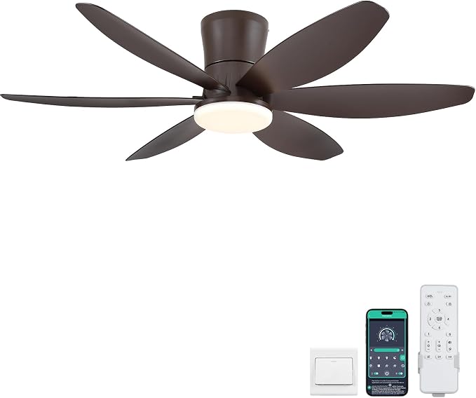 Surtime 48In Ceiling Fans with Light and Remote/APP Control, 6-Blade Reversible Motor Ceiling Fan, 3-Color Dimmable Lighting, All-Brown Finish