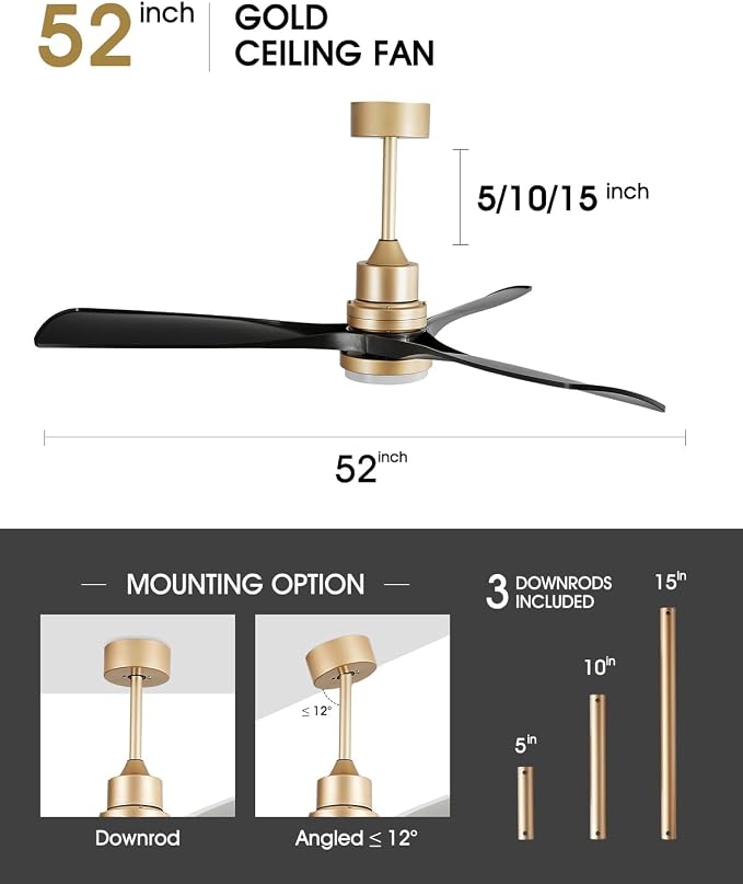 52" Modern Black and Gold Ceiling Fan with Lights and Remote, ETL Listed, 3 Downrods, 3 Wood Blade Gold Black Ceiling Fans, Reversible Quiet DC Motor, 3 Timer for Outdoor Patio Bedroom,52in,Black Gold