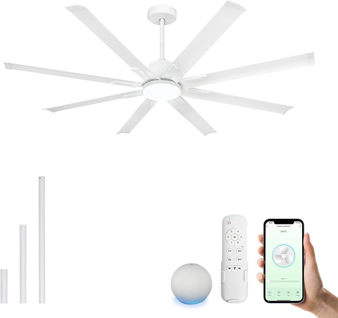 Minislak 72 Inch Ceiling Fan with Light,Industrial Ceiling Fan with 8 White Aluminum Blades,Smart Fan Compatible with Alexa,Garage Outdoor/Indoor Fan for Patio and Living Room