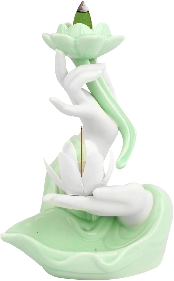 Backflow Incense Holder Buddhist Culture，Waterfall Incense Burner Buddha's Hand and Lotus Pattern，Aromatherapy Ornament Home Décor Nice Gift for Friends Families