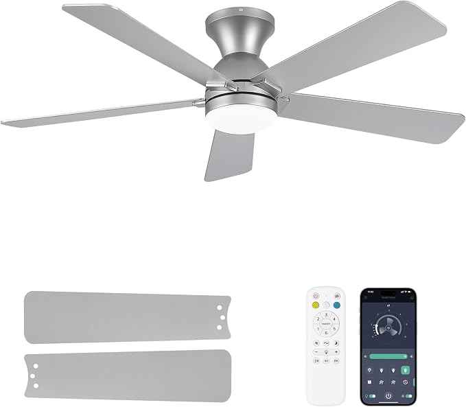 Ceiling Fans with Lights and Remote, 48 Inch Ceiling Fan with Light, Low Profile, Reversible, Dimmable LED, Flush Mount, Quiet, DC Motor, Nickel Ceiling Fan for Bedroom, Kitchen, Dining Room