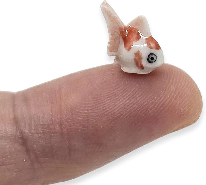 WitnyStore Tiny ⅝ Inch White Orange Oranda Goldfish Figurine - Miniature Hand Made Painted Ceramic Ryukin Fantail Gold Fish Aquarium Animals Cute Porcelain Decorative Collectible Figures Décor Gifts